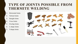 TYPE OF JOINTS POSSIBLE FROM
THERMITE WELDING
1) Horizontal Joints
2) Vertical Joints
3) Straight Joints
4) Cross Joints
5) Overlap Joints
6) L-shape Joints
7) T-shape Joints
 