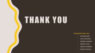 THANK YOU
P R E S E N T E D B Y :
• SHADAB SAIFI
• JUHI CHAUHAN
• MONICA SAXENA
• KRITIKA JUYAL
• MEGHA SHARMA
• PIYUSH PATHAK
 