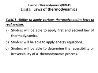 CoM.1 Ability to apply various thermodynamics laws to
real system.
a) Student will be able to apply first and second law of
thermodynamics.
b) Student will be able to apply energy equations.
c) Student will be able to determine the reversibility or
irreversibility of a thermodynamic process.
Course : Thermodynamics[202043]
Unit1: Laws of thermodynamics
 