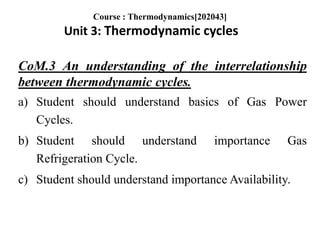 CoM.3 An understanding of the interrelationship
between thermodynamic cycles.
a) Student should understand basics of Gas Power
Cycles.
b) Student should understand importance Gas
Refrigeration Cycle.
c) Student should understand importance Availability.
Course : Thermodynamics[202043]
Unit 3: Thermodynamic cycles
 