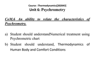CoM.6 An ability to relate the characteristics of
Psychrometry.
a) Student should understandNumerical treatment using
Psychrometric chart
b) Student should understand, Thermodynamics of
Human Body and Comfort Conditions
Course : Thermodynamics[202043]
Unit 6: Psychrometry
 