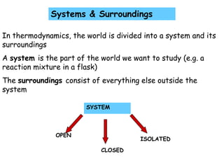 SYSTEM 	OPEN ISOLATED 	CLOSED Systems & Surroundings In thermodynamics, the world is divided into a system and its surroundings A system is the part of the world we want to study (e.g. a reaction mixture in a flask) The surroundings consist of everything else outside the system 