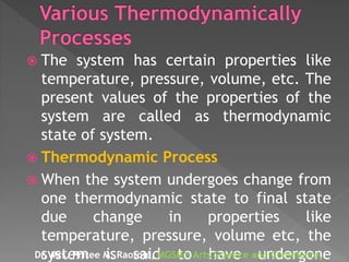  The system has certain properties like
temperature, pressure, volume, etc. The
present values of the properties of the
system are called as thermodynamic
state of system.
 Thermodynamic Process
 When the system undergoes change from
one thermodynamic state to final state
due change in properties like
temperature, pressure, volume etc, the
system is said to have undergoneDr. Mrs. Pritee M. Raotole, MGSM’s Arts Science and Commerce,
 