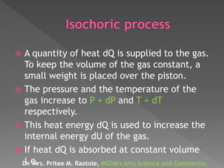  A quantity of heat dQ is supplied to the gas.
To keep the volume of the gas constant, a
small weight is placed over the piston.
 The pressure and the temperature of the
gas increase to P + dP and T + dT
respectively.
 This heat energy dQ is used to increase the
internal energy dU of the gas.
 If heat dQ is absorbed at constant volume
i.e.Dr. Mrs. Pritee M. Raotole, MGSM’s Arts Science and Commerce,
 