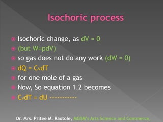  Isochoric change, as dV = 0
 (but W=pdV)
 so gas does not do any work (dW = 0)
 dQ = CvdT
 for one mole of a gas
 Now, So equation 1.2 becomes
 CvdT = dU -----------
Dr. Mrs. Pritee M. Raotole, MGSM’s Arts Science and Commerce,
 