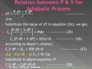  dT =
P dV + V dP
𝑅
---------------
(24)
 Substitute the value of dT in equation (24), we get,
 Cv
P dV + V dP
𝑅
+ 𝑷𝒅𝒗 -------------- (25)
 Cv P dV + V dP + RPdv=0 -------------- (26)
 According to Mayer’s relation,
 CvV dP + Cv + R P dV=0 -------------- (27)
 (Cp – Cv) =R so Cv + R= Cp
 Substitute in above equation 27
 CvV dP + CpP dV=0 -------------- (28)
Dr. Mrs. Pritee M. Raotole, MGSM’s Arts Science and Commerce,
 