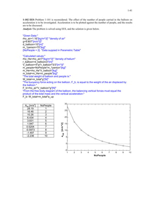 1-41
1-102 EES Problem 1-101 is reconsidered. The effect of the number of people carried in the balloon on
acceleration is to be investigated. Acceleration is to be plotted against the number of people, and the results
are to be discussed.
Analysis The problem is solved using EES, and the solution is given below.
"Given Data:"
rho_air=1.16"[kg/m^3]" "density of air"
g=9.807"[m/s^2]"
d_balloon=10"[m]"
m_1person=70"[kg]"
{NoPeople = 2} "Data suppied in Parametric Table"
"Calculated values:"
rho_He=rho_air/7"[kg/m^3]" "density of helium"
r_balloon=d_balloon/2"[m]"
V_balloon=4*pi*r_balloon^3/3"[m^3]"
m_people=NoPeople*m_1person"[kg]"
m_He=rho_He*V_balloon"[kg]"
m_total=m_He+m_people"[kg]"
"The total weight of balloon and people is:"
W_total=m_total*g"[N]"
"The buoyancy force acting on the balloon, F_b, is equal to the weight of the air displaced by
the balloon."
F_b=rho_air*V_balloon*g"[N]"
"From the free body diagram of the balloon, the balancing vertical forces must equal the
product of the total mass and the vertical acceleration:"
F_b- W_total=m_total*a_up
Aup [m/s2
] NoPeople
28.19 1
16.46 2
10.26 3
6.434 4
3.831 5
1.947 6
0.5204 7
-0.5973 8
-1.497 9
-2.236 10
1 2 3 4 5 6 7 8 9 10
-5
0
5
10
15
20
25
30
NoPeople
aup[m/s^2]
 