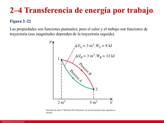 ©2019 McGraw-Hill Education.
2–4 Transferencia de energía por trabajo4
Figura 2–22
Las propiedades son funciones puntuales; pero el calor y el trabajo son funciones de
trayectoria (sus magnitudes dependen de la trayectoria seguida).
Derechos de autor © McGraw-Hill Educación. Se necesita permiso para reproducir o
mostrar.
 