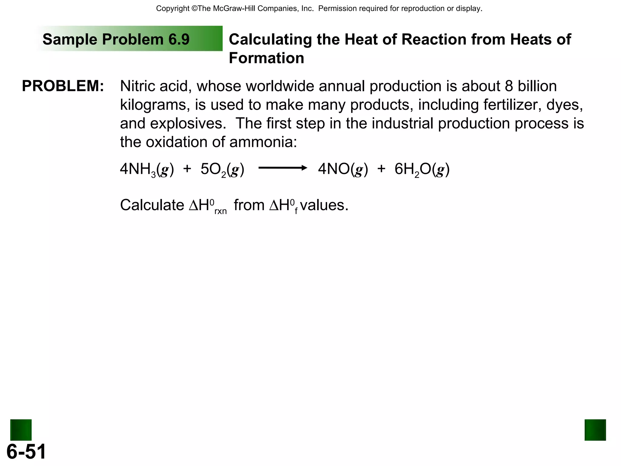 Sample Problem 6.9 Calculating the Heat of Reaction from Heats of Formation PROBLEM: Nitric acid, whose worldwide annual production is about 8 billion kilograms, is used to make many products, including fertilizer, dyes, and explosives.  The first step in the industrial production process is the oxidation of ammonia: Calculate   H 0 rxn  from   H 0 f  values. 4NH 3 ( g )  +  5O 2 ( g )  4NO( g )  +  6H 2 O( g ) ‏ 