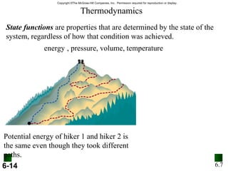Thermodynamics State functions  are properties that are determined by the state of the system, regardless of how that condition was achieved. Potential energy of hiker 1 and hiker 2 is the same even though they took different paths. energy , pressure, volume, temperature 6.7 