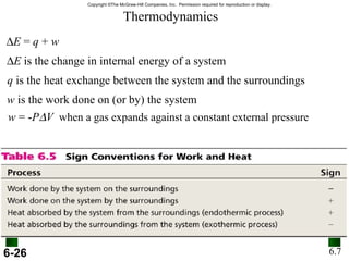 Thermodynamics 6.7  E  =  q  +  w  E  is the change in internal energy of a system q  is the heat exchange between the system and the surroundings w  is the work done on (or by) the system w  = - P  V   when a gas expands against a constant external pressure 