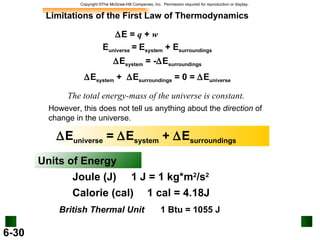Limitations of the First Law of Thermodynamics  E =  q  +  w E universe   =  E system  + E surroundings  E system  = -  E surroundings The total energy-mass of the universe is constant. However, this does not tell us anything about the  direction  of change in the universe.  E system  +   E surroundings  = 0 =   E universe  E universe  =   E system  +   E surroundings Units of Energy Joule (J) ‏ Calorie (cal) ‏ British Thermal Unit 1 cal = 4.18J 1 J = 1 kg*m 2 /s 2 1 Btu = 1055 J 