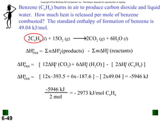 Benzene (C 6 H 6 ) burns in air to produce carbon dioxide and liquid water.  How much heat is released per mole of benzene combusted?  The standard enthalpy of formation of benzene is 49.04 kJ/mol. 6.5 2C 6 H 6   ( l )  + 15O 2   ( g )   12CO 2   ( g )  + 6H 2 O  ( l )  H 0 rxn n  H 0  (products) f =  m  H 0  (reactants) f  -  H 0 rxn 6  H 0  (H 2 O) f 12  H 0  (CO 2 ) f = [ + ] - 2  H 0  (C 6 H 6 ) f [ ]  H 0 rxn = [ 12x–393.5 + 6x–187.6 ] – [ 2x49.04 ] = -5946 kJ -5946 kJ 2 mol = - 2973 kJ/mol C 6 H 6 