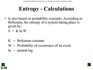 Entropy - Calculations Is also based on probability concepts. According to Boltzman, the entropy of a system taking place is given by:  S  =  K ln W K  =  Boltzman constant W =  Probability of occurrence of an event ln =  natural log 