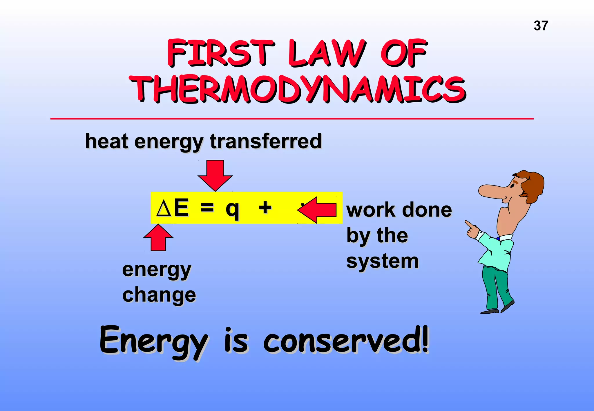 37
FIRST LAW OFFIRST LAW OF
THERMODYNAMICSTHERMODYNAMICS
∆∆E = q + wE = q + w
heat energy transferredheat energy transferred
energyenergy
changechange
work donework done
by theby the
systemsystem
Energy is conserved!Energy is conserved!
 