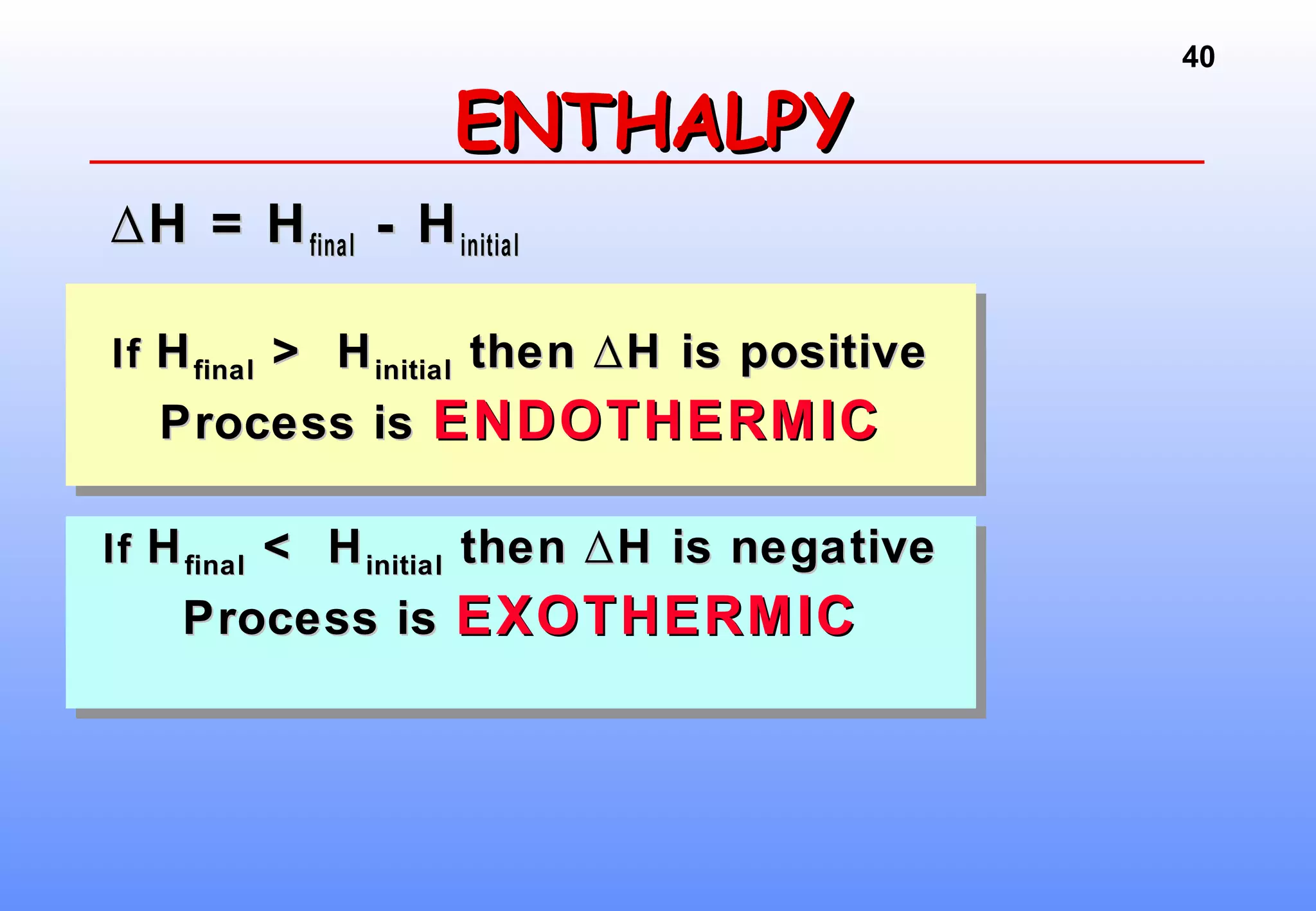 40
IfIf HHfinalfinal < H< Hinitialinitial then H is negative∆then H is negative∆
Process isProcess is EXOTHERMICEXOTHERMIC
IfIf HHfinalfinal < H< Hinitialinitial then H is negative∆then H is negative∆
Process isProcess is EXOTHERMICEXOTHERMIC
IfIf HHfinalfinal > H> Hinitialinitial then H is positive∆then H is positive∆
Process isProcess is ENDOTHERMICENDOTHERMIC
IfIf HHfinalfinal > H> Hinitialinitial then H is positive∆then H is positive∆
Process isProcess is ENDOTHERMICENDOTHERMIC
ENTHALPYENTHALPY
∆∆H = HH = Hfinalfinal - H- Hinitialinitial
 