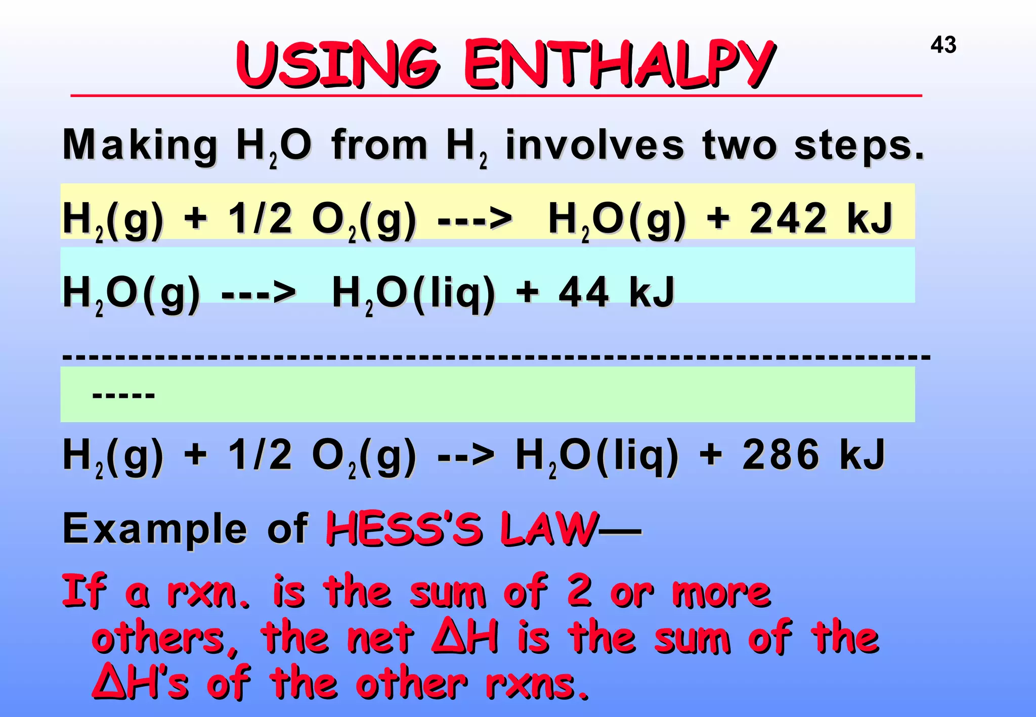 43
Making HMaking H22O from HO from H22 involves two steps.involves two steps.
HH22(g) + 1/2 O(g) + 1/2 O22(g) ---> H(g) ---> H22O(g) + 242 kJO(g) + 242 kJ
HH22O(g) ---> HO(g) ---> H22O(liq) + 44 kJO(liq) + 44 kJ
------------------------------------------------------------------
-----
HH22(g) + 1/2 O(g) + 1/2 O22(g) --> H(g) --> H22O(liq) + 286 kJO(liq) + 286 kJ
Example ofExample of HESS’S LAWHESS’S LAW——
If a rxn. is the sum of 2 or moreIf a rxn. is the sum of 2 or more
others, the net ∆H is the sum of theothers, the net ∆H is the sum of the
∆H’s of the other rxns.∆H’s of the other rxns.
USING ENTHALPYUSING ENTHALPY
 