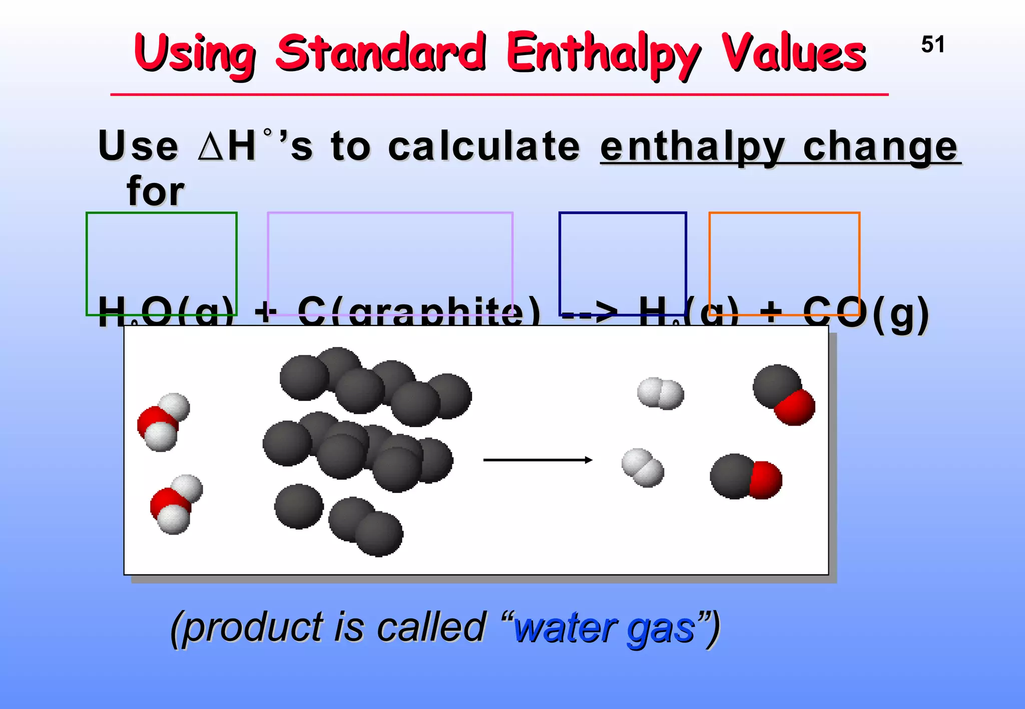 51
Using Standard Enthalpy ValuesUsing Standard Enthalpy Values
Use H ’s to calculate∆ ˚Use H ’s to calculate∆ ˚ enthalpy changeenthalpy change
forfor
HH22O(g) + C(graphite) --> HO(g) + C(graphite) --> H22(g) + CO(g)(g) + CO(g)
(product is called “(product is called “water gaswater gas”)”)
 