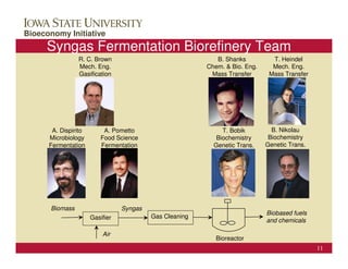 ConocoPhillips Campus Visit
Bioeconomy Initiative                                                              October 25, 2006

     Syngas Fermentation Biorefinery Team
                R. C. Brown                                 B. Shanks            T. Heindel
                Mech. Eng.                               Chem. & Bio. Eng.       Mech. Eng.
                Gasification                              Mass Transfer         Mass Transfer

                      Photo




       A. Dispirito       A. Pometto                          T. Bobik           B. Nikolau
      Microbiology       Food Science                       Biochemistry        Biochemistry
      Fermentation       Fermentation                      Genetic Trans.      Genetic Trans.




      Biomass                    Syngas
                                                                                Biobased fuels
                      Gasifier            Gas Cleaning
                                                                                and chemicals

                          Air
                                                            Bioreactor
                                                                                                 11
 