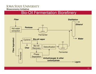 ConocoPhillips Campus Visit
Bioeconomy Initiative                                                                            October 25, 2006

                              Bio-Oil Fermentation Biorefinery
               Fiber                                                                   Distillation

                                                                                                Ethanol
                                    Pentose
    Hot water
    extraction

                                                    Fermenter

                                                                                                   Water
     Fiber byproduct




                                   Cyclone    Bio-oil vapor


                                              Bio-Oil
                                    Char                  Detoxification
                                             Recovery

                                                                           Fermenter
                       Pyrolyzer




                                               Phase
                                             Separation
                                                          Anhydrosugar & other
                                                             carbohydrate
                                                                                               Lignin


                                                                                                               12
 