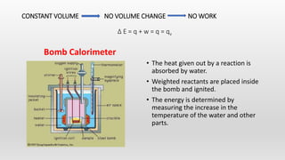 Bomb Calorimeter
CONSTANT VOLUME NO VOLUME CHANGE NO WORK
∆ E = q + w = q = qv
• The heat given out by a reaction is
absorbed by water.
• Weighted reactants are placed inside
the bomb and ignited.
• The energy is determined by
measuring the increase in the
temperature of the water and other
parts.
 