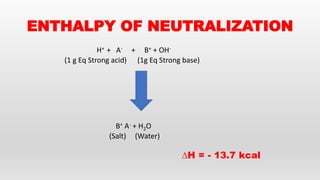 ENTHALPY OF NEUTRALIZATION
H+ + A- + B+ + OH-
(1 g Eq Strong acid) (1g Eq Strong base)
B+ A- + H2O
(Salt) (Water)
∆H = - 13.7 kcal
 