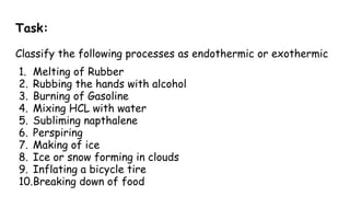 Task:
Classify the following processes as endothermic or exothermic
1. Melting of Rubber
2. Rubbing the hands with alcohol
3. Burning of Gasoline
4. Mixing HCL with water
5. Subliming napthalene
6. Perspiring
7. Making of ice
8. Ice or snow forming in clouds
9. Inflating a bicycle tire
10.Breaking down of food
 