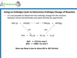 Using an Enthalpy Cycle to Determine Enthalpy Change of Reaction It is not possible to determine the enthalpy change for the reaction between silicon tetrachloride and water directly by experiment. ΔH1   = -1212 kJ mol-1 ΔH2   = -1280.1 kJ mol-1 Now use Hess’s law to show ΔH is -68.1kJ/mol 