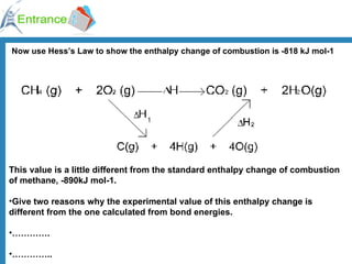 Now use Hess’s Law to show the enthalpy change of combustion is -818 kJ mol-1 This value is a little different from the standard enthalpy change of combustion of methane, -890kJ mol-1.  Give two reasons why the experimental value of this enthalpy change is different from the one calculated from bond energies. ………… . ………… .. 