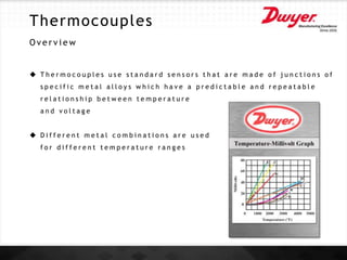 Thermocouples
O v e r v i e w
 T h e r m o c o u p l e s u s e s t a n d a r d s e n s o r s t h a t a r e m a d e o f j u n c t i o n s o f
s p e c i f i c m e t a l a l l o y s w h i c h h a v e a p r e d i c t a b l e a n d r e p e a t a b l e
r e l a t i o n s h i p b e t w e e n t e m p e r a t u r e
a n d v o l t a g e
 D i f f e r e n t m e t a l c o m b i n a t i o n s a r e u s e d
f o r d i f f e r e n t t e m p e r a t u r e r a n g e s
 