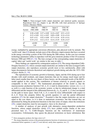 exergy, multiplied by appropriate conversion efﬁciencies, plus physical work by animals. The
‘useful work’ data [12] already include most of the efﬁciency improvements that have occurred
in the energy converting systems of the USA during the 20th century. In this case two constant
technology parameters sufﬁce to reproduce well the gross domestic product of the US economy
between 1900 and 1998 [13, 14]. The time averages of the corresponding output elasticities of
capital, labor and ‘useful work’ are similar to the ones in table 1.
These ﬁndings are supported by cointegration analyses [15]. The energy-dependent Cobb–
Douglas function (32), whose constant output elasticities are similar to the time-averaged LinEx
output elasticities, also reproduces economic growth more or less satisfactorily, albeit with
larger discrepancies between theoretical and empirical growth during and after the 1973–1981
oil-price shocks [1, 14].
The reproduction of economic growth in Germany, Japan, and the USA during up to four
decades with small residuals, and output elasticities that are for energy much larger and for
labor much smaller than the cost shares of these factors, are the principal results of the KLEC-
model applied in this section. The contribution of human creativity to growth appears as
comparable to that of labor12
. The fundamental presumption of the model is, that the
macroeconomic production function Y K L E t( , , ; ) (and its dimensionless version y k l e t( , , ; )
as well) is a state function of the economic system, so that its inﬁnitesimal change is a total
differential and the integral of this differential between K L E, ,0 0 0 and K L E, , does not depend
on the path in factor space. Such Y K L E t( , , ; ) must be twice differentiable with respect to
K L E, , . From this property follow the growth equation (1) and the partial differential
equations (27) for the output elasticities13
. Essential is that the output elasticities are not set
equal to the cost shares, as it is done in mainstream economics, but that instead they are
determined by ﬁtting the production functions to the time series of output, where the restrictions
(29)—output elasticities must be non-negative—have to be observed.
A number of analyses of past growth with alternative energy-dependent production
functions, whose output elasticities satisfy (27), have yielded results similar to the ones
presented here [1, 7]. Cobb–Douglas functions are the work-horses of mainstream
econometrics. Unfortunately, they ignore the physical restrictions on factor substitution. But
Table 1. Time-averaged LinEx output elasticities and statistical quality measures.
Reproduced from [1], chapter 4, pp 206–208, with kind permission of Springer
Science + Business Media.
FRG TE FRG I Japan I USA TE
System 1960–2000 1960–99 1965–92 1960–96
α¯ 0.38 ± 0.09 0.37 ± 0.09 0.18 ± 0.07 0.51 ± 0.15
β¯ 0.15 ± 0.05 0.11 ± 0.07 0.09 ± 0.09 0.14 ± 0.14
γ¯ 0.47 ± 0.1 0.52 ± 0.09 0.73 ± 0.16 0.35 ± 0.11
δ¯ 0.19 ± 0.2 0.12 ± 0.13 0.14 ± 0.19 0.10 ± 0.17
R2
>0.999 0.996 0.999 0.999
dW 1.64 1.9 1.71 1.46
12
Error propagation produces the large errors in δ¯.
13
The energy-dependent versions of the principal production functions of mainstream economics, which had been
constructed before equations (1) and (27) were derived, satisfy these equations, too. [7]
15
New J. Phys. 16 (2014) 125008 R Kümmel and D Lindenberger
 
