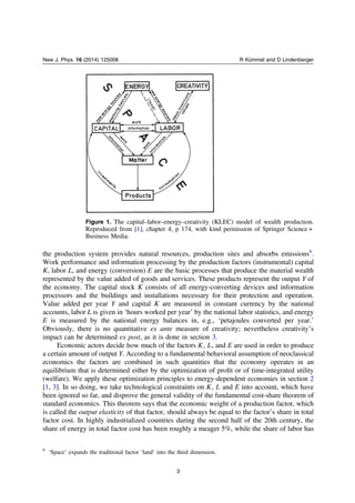 the production system provides natural resources, production sites and absorbs emissions6
.
Work performance and information processing by the production factors (instrumental) capital
K, labor L, and energy (conversion) E are the basic processes that produce the material wealth
represented by the value added of goods and services. These products represent the output Y of
the economy. The capital stock K consists of all energy-converting devices and information
processors and the buildings and installations necessary for their protection and operation.
Value added per year Y and capital K are measured in constant currency by the national
accounts, labor L is given in ‘hours worked per year’ by the national labor statistics, and energy
E is measured by the national energy balances in, e.g., ‘petajoules converted per year.’
Obviously, there is no quantitative ex ante measure of creativity; nevertheless creativityʼs
impact can be determined ex post, as it is done in section 3.
Economic actors decide how much of the factors K L, , and E are used in order to produce
a certain amount of output Y. According to a fundamental behavioral assumption of neoclassical
economics the factors are combined in such quantities that the economy operates in an
equilibrium that is determined either by the optimization of proﬁt or of time-integrated utility
(welfare). We apply these optimization principles to energy-dependent economies in section 2
[1, 3]. In so doing, we take technological constraints on K L, and E into account, which have
been ignored so far, and disprove the general validity of the fundamental cost-share theorem of
standard economics. This theorem says that the economic weight of a production factor, which
is called the output elasticity of that factor, should always be equal to the factorʼs share in total
factor cost. In highly industrialized countries during the second half of the 20th century, the
share of energy in total factor cost has been roughly a meager 5%, while the share of labor has
Figure 1. The capital–labor–energy–creativity (KLEC) model of wealth production.
Reproduced from [1], chapter 4, p 174, with kind permission of Springer Science +
Business Media.
6
‘Space’ expands the traditional factor ‘land’ into the third dimension.
3
New J. Phys. 16 (2014) 125008 R Kümmel and D Lindenberger
 
