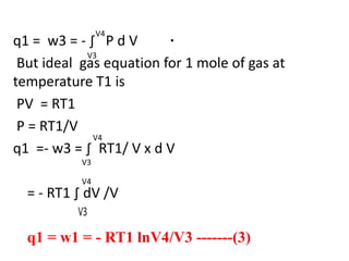 .
q1 = w3 = - ∫ P d V
But ideal gas equation for 1 mole of gas at
temperature T1 is
PV = RT1
P = RT1/V
q1 =- w3 = ∫ RT1/ V x d V
= - RT1 ∫ dV /V
q1 = w1 = - RT1 lnV4/V3 -------(3)
V3
V4
V3
V4
V4
 
