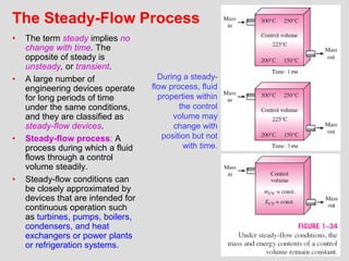 23
The Steady-Flow Process
• The term steady implies no
change with time. The
opposite of steady is
unsteady, or transient.
• A large number of
engineering devices operate
for long periods of time
under the same conditions,
and they are classified as
steady-flow devices.
• Steady-flow process: A
process during which a fluid
flows through a control
volume steadily.
• Steady-flow conditions can
be closely approximated by
devices that are intended for
continuous operation such
as turbines, pumps, boilers,
condensers, and heat
exchangers or power plants
or refrigeration systems.
During a steady-
flow process, fluid
properties within
the control
volume may
change with
position but not
with time.
 