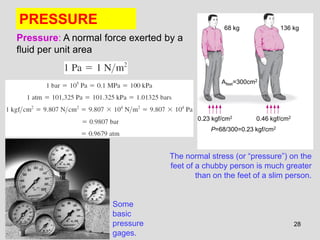 28
PRESSURE
Some
basic
pressure
gages.
Pressure: A normal force exerted by a
fluid per unit area
68 kg 136 kg
Afeet=300cm2
0.23 kgf/cm2 0.46 kgf/cm2
P=68/300=0.23 kgf/cm2
The normal stress (or “pressure”) on the
feet of a chubby person is much greater
than on the feet of a slim person.
 
