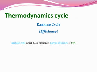 Thermodynamics cycle
Rankine Cycle
(Efficiency)
Rankine cycle which has a maximum Carnot efficiency of 63%
 