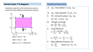 A. 𝑄𝐴 = heat added = 𝑇2 (𝑆4 - 𝑆1)
B. 𝑄𝑅 = heat rejected = 𝑇1 (𝑆4 - 𝑆1)
C. W = net work output = 𝑄𝐴 - 𝑄𝑅
W = (𝑇2 - 𝑇1) (𝑆4 - 𝑆1)
D. Change in entropy
ΔS =
𝑄𝐴
𝑇2
=
𝑄𝑅
𝑇1
=
𝑊
𝑇2−𝑇1
E. Cycle Efficiency
e =
𝑊
𝑄𝐴
=
𝑄𝐴−𝑄𝑅
𝑄𝐴
=
𝑊
𝑊+𝑄𝑅
e =
𝑇2−𝑇1
𝑇2
= 1 −
𝑇1
𝑇2
= 1 −
𝑇𝐿
𝑇𝐻
F. Mean Effective Pressure, Pm
𝑃𝑚 =
𝑊
𝑉𝐷
where: 𝑉𝐷 = 𝑉1 - 𝑉2
Properties of Carnot Cycle
Carnot Cycle: T-S diagram
Isentropic expansion and compression process
Isothermal heat addition and rejection process
 