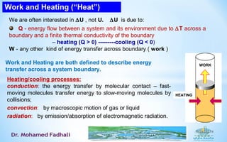 Work and Heating (“Heat”)
We are often interested in ∆U , not U. ∆U is due to:
Q - energy flow between a system and its environment due to ∆T across a
boundary and a finite thermal conductivity of the boundary
– heating (Q > 0) ---------cooling (Q < 0)
W - any other kind of energy transfer across boundary ( work )
Heating/cooling processes:
conduction: the energy transfer by molecular contact – fast-
moving molecules transfer energy to slow-moving molecules by
collisions;
convection: by macroscopic motion of gas or liquid
radiation: by emission/absorption of electromagnetic radiation.
HEATING
WORK
Work and Heating are both defined to describe energy
transfer across a system boundary.
 
