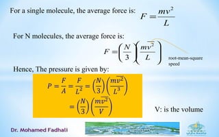 L
mv
F
2
=
For a single molecule, the average force is:
For N molecules, the average force is:














=
L
vmN
F
2
3 root-mean-square
speed
V: is the volume
Hence, The pressure is given by:
 