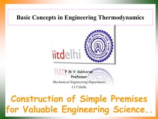 Basic Concepts in Engineering Thermodynamics
P M V Subbarao
Professor
Mechanical Engineering Department
I I T Delhi
Construction of Simple Premises
for Valuable Engineering Science..
 