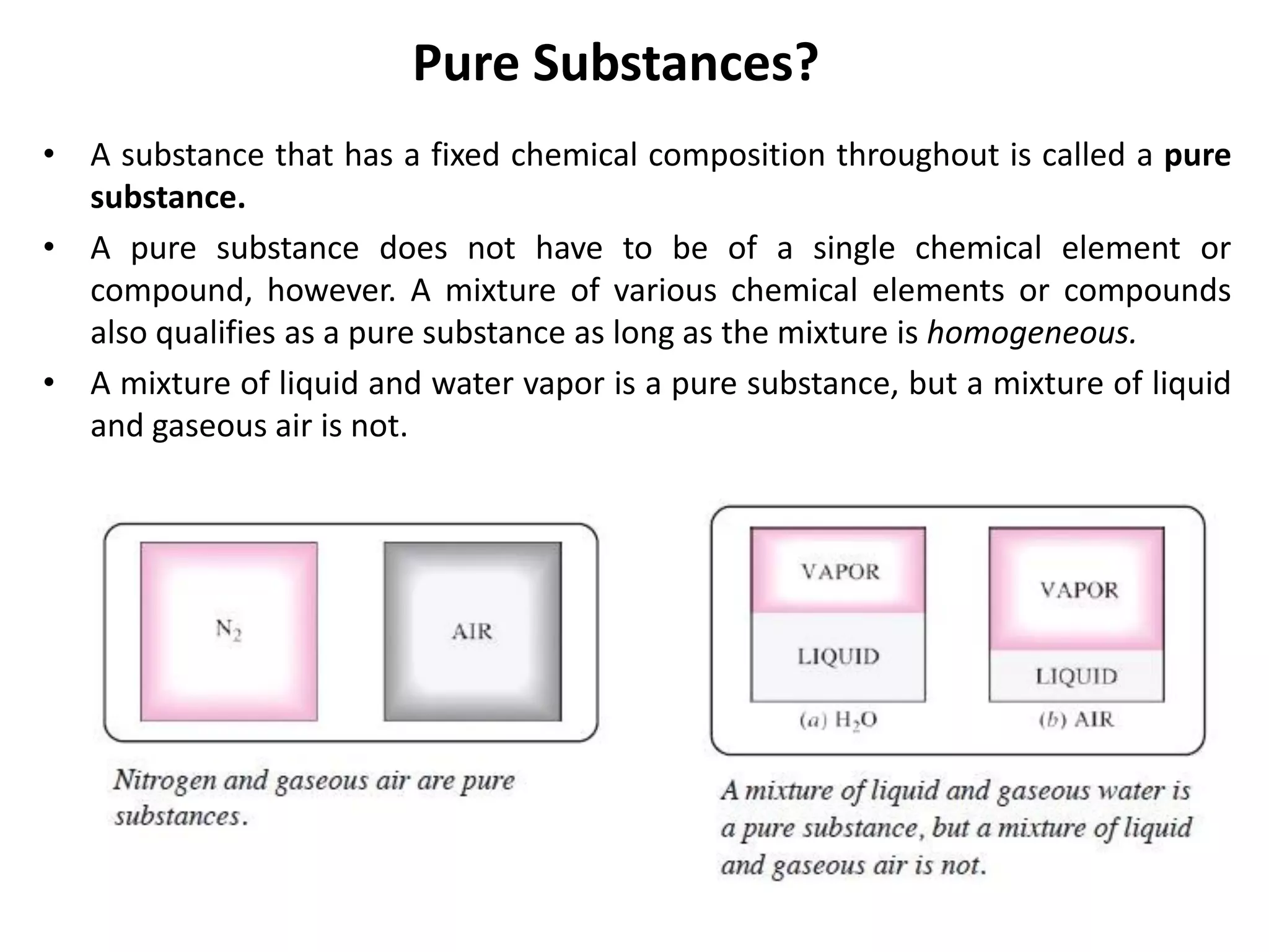 Pure Substances?
• A substance that has a fixed chemical composition throughout is called a pure
substance.
• A pure substance does not have to be of a single chemical element or
compound, however. A mixture of various chemical elements or compounds
also qualifies as a pure substance as long as the mixture is homogeneous.
• A mixture of liquid and water vapor is a pure substance, but a mixture of liquid
and gaseous air is not.
 