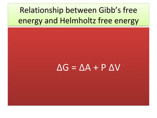 Relationship between Gibb’s free
energy and Helmholtz free energy




          ΔG = ΔA + P ΔV
 