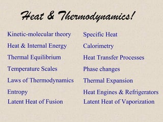 Heat & Thermodynamics!
Kinetic-molecular theory

Specific Heat

Heat & Internal Energy

Calorimetry

Thermal Equilibrium

Heat Transfer Processes

Temperature Scales

Phase changes

Laws of Thermodynamics

Thermal Expansion

Entropy

Heat Engines & Refrigerators
Latent Heat of Vaporization

Latent Heat of Fusion

 