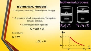ISOTHERMAL PROCESS:
• Iso (same, constant), thermal (heat, energy).
• A system in which temperature of the system
remains constant.
• According to main equation:
Q = ΔU + W
So we have:
Q = W
.:ΔU = 0
17
.
Before After
 
