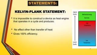 KELVIN-PLANK STATEMENT:
• It is impossible to construct a device as heat engine
that operates in a cycle and produces:
• No effect other than transfer of heat:
• Gives 100% efficiency.
26
 