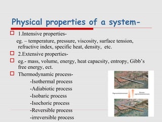 Physical properties of a system-
 1.Intensive properties-
eg. – temperature, pressure, viscosity, surface tension,
refractive index, specific heat, density, etc.
 2.Extensive properties-
 eg.- mass, volume, energy, heat capacsity, entropy, Gibb’s
free energy, ect.
 Thermodynamic process-
-Isothermal process
-Adiabiotic process
-Isobaric process
-Isochoric process
-Reversible process
-irreversible process
 