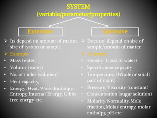 SYSTEM
(variable/parameter/properties)
Extensive
 Its depend on amount of matter,
size of system or sample.
 Example:
• Mass (water)
• Volume (water)
• No. of moles (solution)
• Heat capacity,
• Energy- Heat, Work, Enthalpy,
Entropy, Internal Energy, Gibbs
free energy etc.
Intensive
 Does not depend on size of
sample/amount of matter.
 Example:
• Density (Glass of water)
• Specific heat capacity
• Temperature (Whole or small
part of room)
• Pressure, Viscosity (constant)
• Concentration (sugar solution)
• Molarity, Normality, Mole
fraction, Molar entropy, molar
enthalpy, pH etc.
 