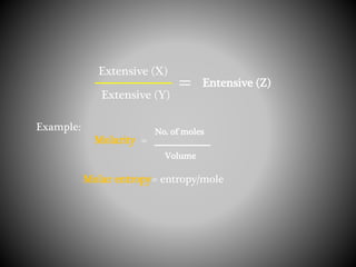 Extensive (X)
Extensive (Y)
= Entensive (Z)
Example:
Molarity =
Molar entropy= entropy/mole
No. of moles
Volume
 