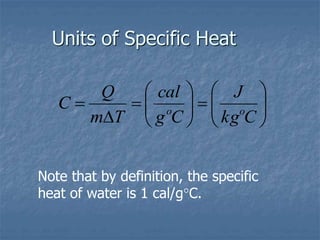 Units of Specific Heat




















C
kg
J
C
g
cal
T
m
Q
C o
o
Note that by definition, the specific
heat of water is 1 cal/gC.
 