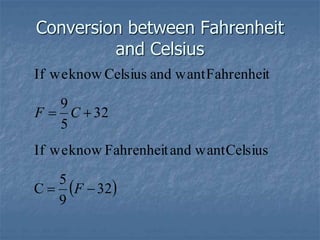 Conversion between Fahrenheit
and Celsius
 
32
9
5
C
Celsius
want
and
Fahrenheit
know
we
If
32
5
9
Fahrenheit
want
and
Celsius
know
we
If




F
C
F
 